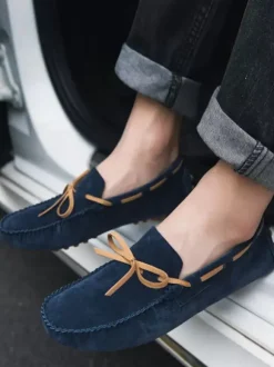 Mens Belgian Loafer Shoes Ink Blue Fashion Suede Leather Slip-On Casual Flat Shoes