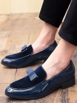 Mens Belgian Loafers Slip-Ons Pointed Toe Ribbon Decorate Penny Shoes Suede Splice Leather Moccasins Shoes