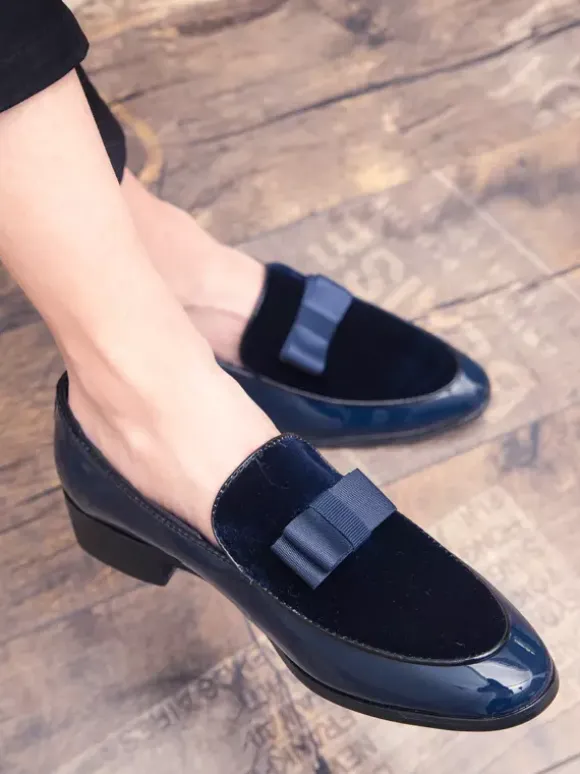 Mens Belgian Loafers Slip-Ons Pointed Toe Ribbon Decorate Penny Shoes Suede Splice Leather Moccasins Shoes