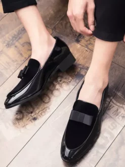 Mens Belgian Loafers Slip-Ons Pointed Toe Ribbon Decorate Penny Shoes Suede Splice Leather Moccasins Shoes