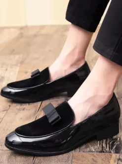 Mens Belgian Loafers Slip-Ons Pointed Toe Ribbon Decorate Penny Shoes Suede Splice Leather Moccasins Shoes