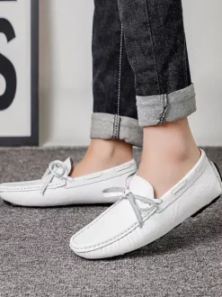 Mens Belgian Loafers Spike Faux Leather Lace Up Deck Shoes Lightweight Slip Resistant Flexible Slip-on Penny Shoes
