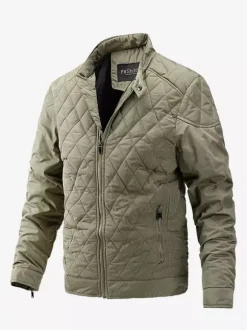 Men's Biker Jacket Casual Long Sleeve Zip Cotton Diamond Pattern Jacket