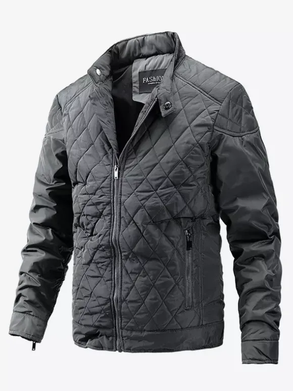 Men's Biker Jacket Casual Long Sleeve Zip Cotton Diamond Pattern Jacket