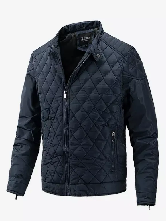 Men's Biker Jacket Casual Long Sleeve Zip Cotton Diamond Pattern Jacket