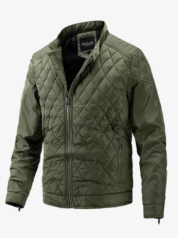Men's Biker Jacket Casual Long Sleeve Zip Cotton Diamond Pattern Jacket