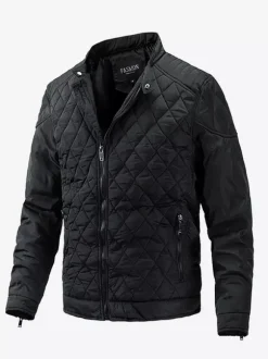 Men's Biker Jacket Casual Long Sleeve Zip Cotton Diamond Pattern Jacket