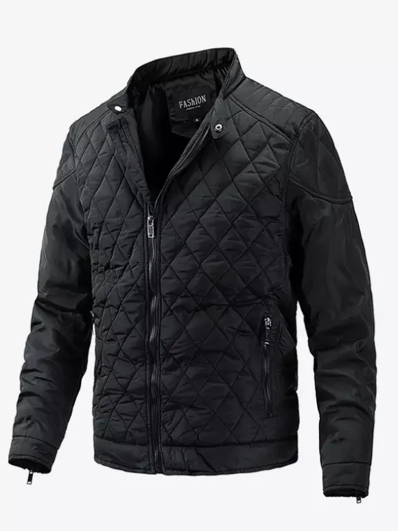 Men's Biker Jacket Casual Long Sleeve Zip Cotton Diamond Pattern Jacket