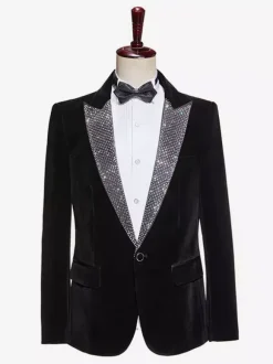Men's Black Velvet Shiny Blazer Stage Performance Suit Jacket