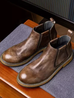 Men's Boots Chelsea Boots Black Cowhide Round Toe Short Ankle Boots
