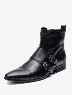 Men's Boots Chelsea Boots Black Cowhide Pointed Toe Buckle Ankel Short Boots