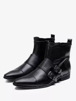 Men's Boots Chelsea Boots Black Cowhide Pointed Toe Buckle Ankel Short Boots