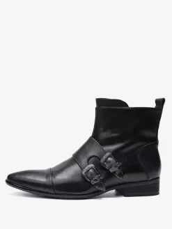 Men's Boots Chelsea Boots Black Cowhide Pointed Toe Buckle Ankel Short Boots