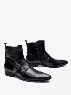 Men's Boots Chelsea Boots Black Cowhide Pointed Toe Buckle Ankel Short Boots