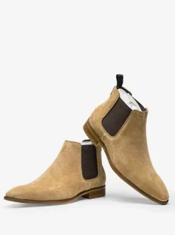 Men's Boots Chelsea Boots Khaki Cowhide Round Toe Ankle Short Boots