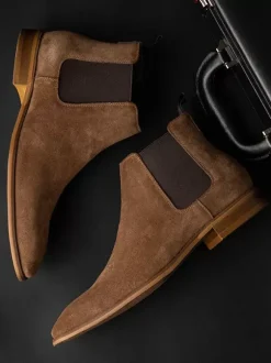 Men's Boots Chelsea Boots Khaki Cowhide Round Toe Ankle Short Boots