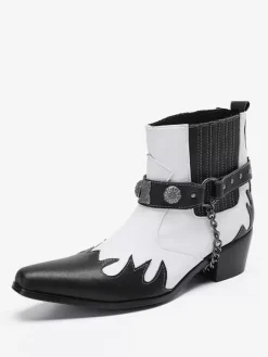 Men's Boots Chelsea Boots White Cowhide Square Toe Chains Ankel Short Boots