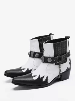 Men's Boots Chelsea Boots White Cowhide Square Toe Chains Ankel Short Boots