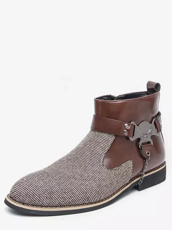 Mens Boots High-Top Knitting With Side Zipper Formal Shoes Round Toe Low Heels Chains Dress Boots