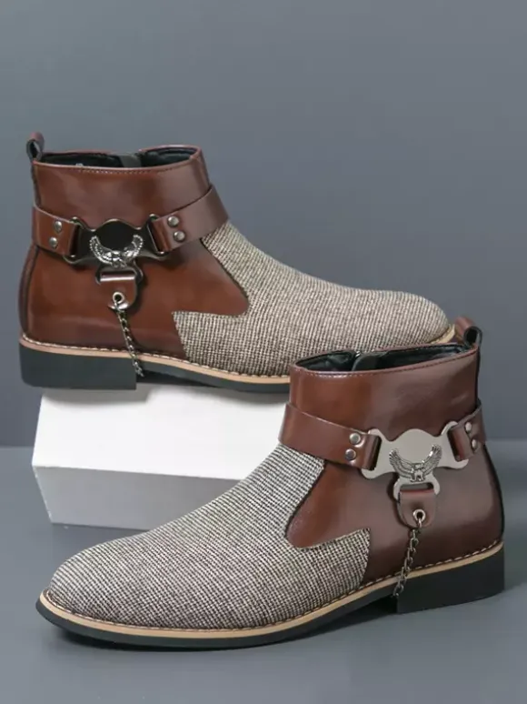 Mens Boots High-Top Knitting With Side Zipper Formal Shoes Round Toe Low Heels Chains Dress Boots