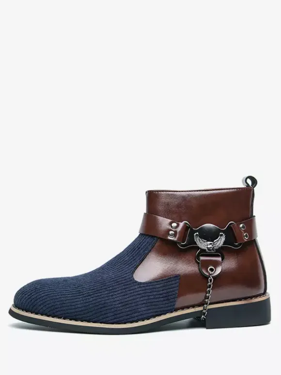 Mens Boots High-Top Knitting With Side Zipper Formal Shoes Round Toe Low Heels Chains Dress Boots