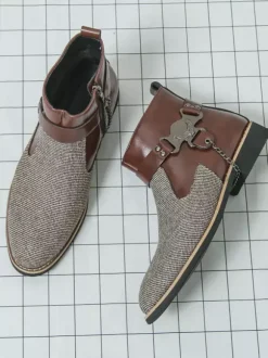Mens Boots High-Top Knitting With Side Zipper Formal Shoes Round Toe Low Heels Chains Dress Boots