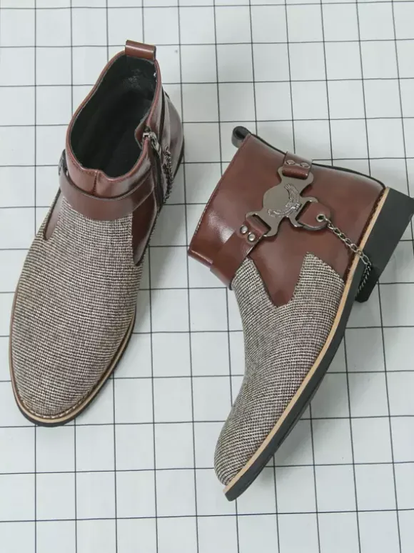 Mens Boots High-Top Knitting With Side Zipper Formal Shoes Round Toe Low Heels Chains Dress Boots