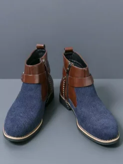 Mens Boots High-Top Knitting With Side Zipper Formal Shoes Round Toe Low Heels Chains Dress Boots