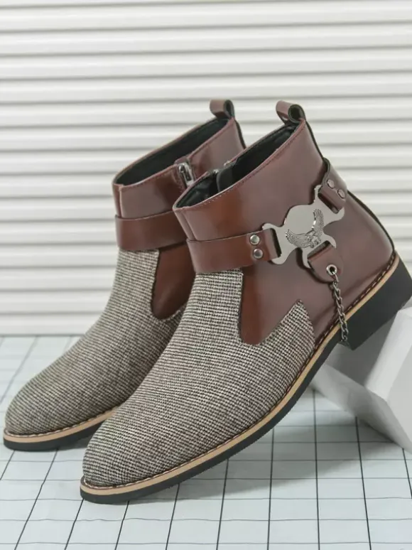 Mens Boots High-Top Knitting With Side Zipper Formal Shoes Round Toe Low Heels Chains Dress Boots