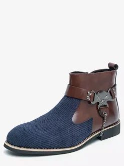 Mens Boots High-Top Knitting With Side Zipper Formal Shoes Round Toe Low Heels Chains Dress Boots