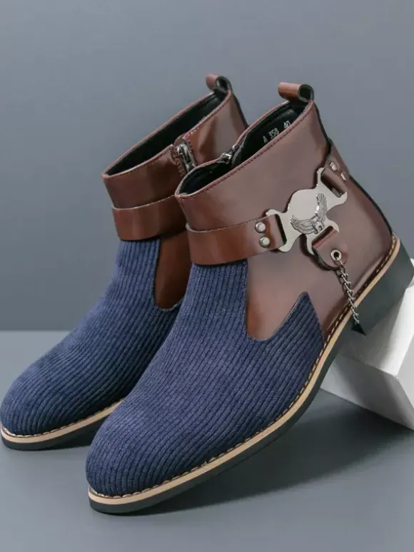 Mens Boots High-Top Knitting With Side Zipper Formal Shoes Round Toe Low Heels Chains Dress Boots