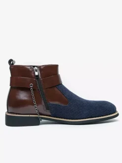 Mens Boots High-Top Knitting With Side Zipper Formal Shoes Round Toe Low Heels Chains Dress Boots