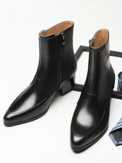 Mens Boots Slip On Pointed toe Zipper mid heel Ankle Boots