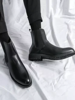 Mens Boots Slip-on Pointed Toe Low Heels Chelsea Boots Black Classic Leather Short Boots
