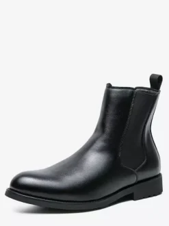Mens Boots Slip-on Pointed Toe Low Heels Chelsea Boots Black Classic Leather Short Boots