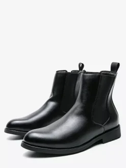 Mens Boots Slip-on Pointed Toe Low Heels Chelsea Boots Black Classic Leather Short Boots