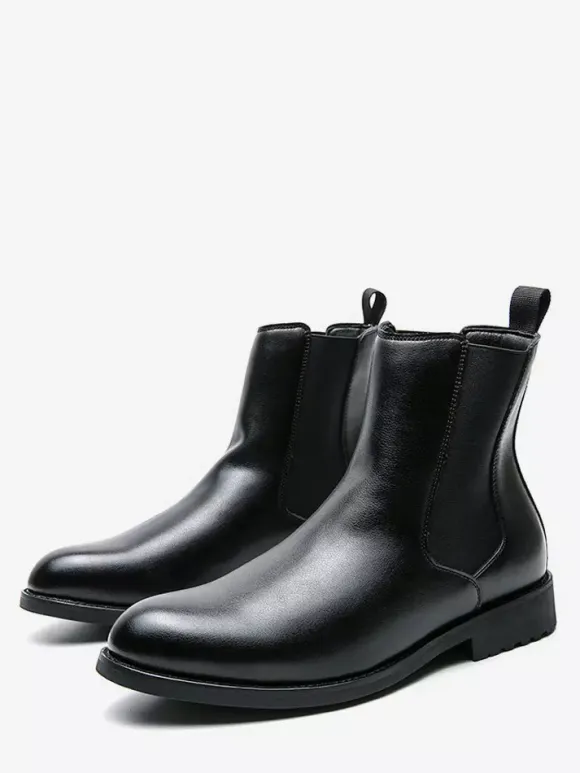 Mens Boots Slip-on Pointed Toe Low Heels Chelsea Boots Black Classic Leather Short Boots