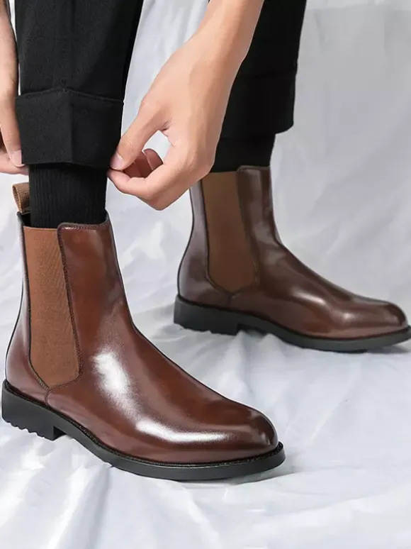 Mens Boots Slip-on Pointed Toe Low Heels Chelsea Boots Black Classic Leather Short Boots
