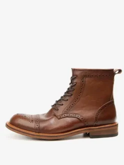 Men's Brogue Carved High Top Martin Work Motorcycle Coffee Brown Cowhide Round Toe Lace Up Retro Short Boots