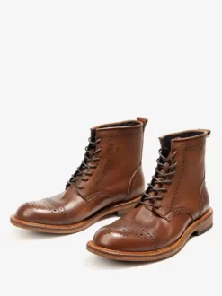Men's Brogue Carved High Top Martin Work Motorcycle Coffee Brown Cowhide Round Toe Lace Up Retro Short Boots