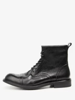 Men's Brogue Carved High Top Martin Work Motorcycle Coffee Brown Cowhide Round Toe Lace Up Retro Short Boots