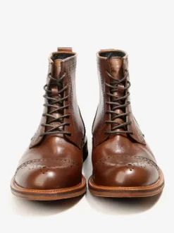 Men's Brogue Carved High Top Martin Work Motorcycle Coffee Brown Cowhide Round Toe Lace Up Retro Short Boots