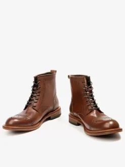 Men's Brogue Carved High Top Martin Work Motorcycle Coffee Brown Cowhide Round Toe Lace Up Retro Short Boots