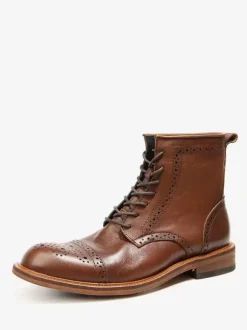 Men's Brogue Carved High Top Martin Work Motorcycle Coffee Brown Cowhide Round Toe Lace Up Retro Short Boots