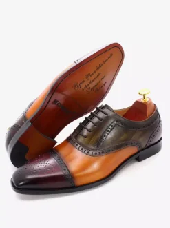 Mens Brogue Dress Shoes Lace Up Genuine Leather Color Block Oxfords
