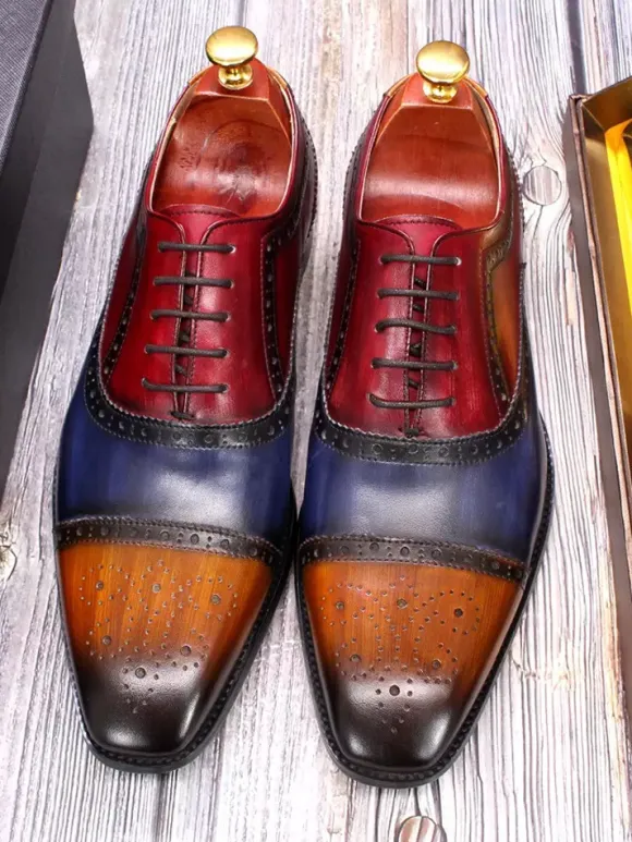 Mens Brogue Dress Shoes Lace Up Genuine Leather Color Block Oxfords