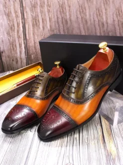 Mens Brogue Dress Shoes Lace Up Genuine Leather Color Block Oxfords