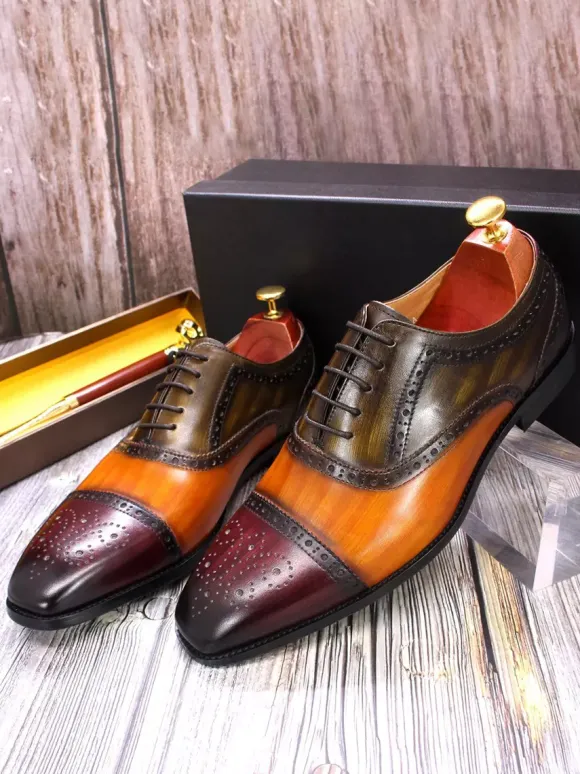 Mens Brogue Dress Shoes Lace Up Genuine Leather Color Block Oxfords