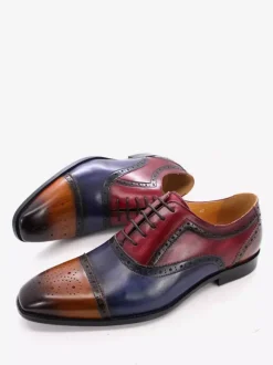 Mens Brogue Dress Shoes Lace Up Genuine Leather Color Block Oxfords