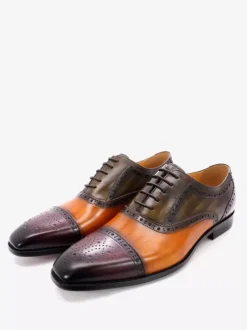 Mens Brogue Dress Shoes Lace Up Genuine Leather Color Block Oxfords